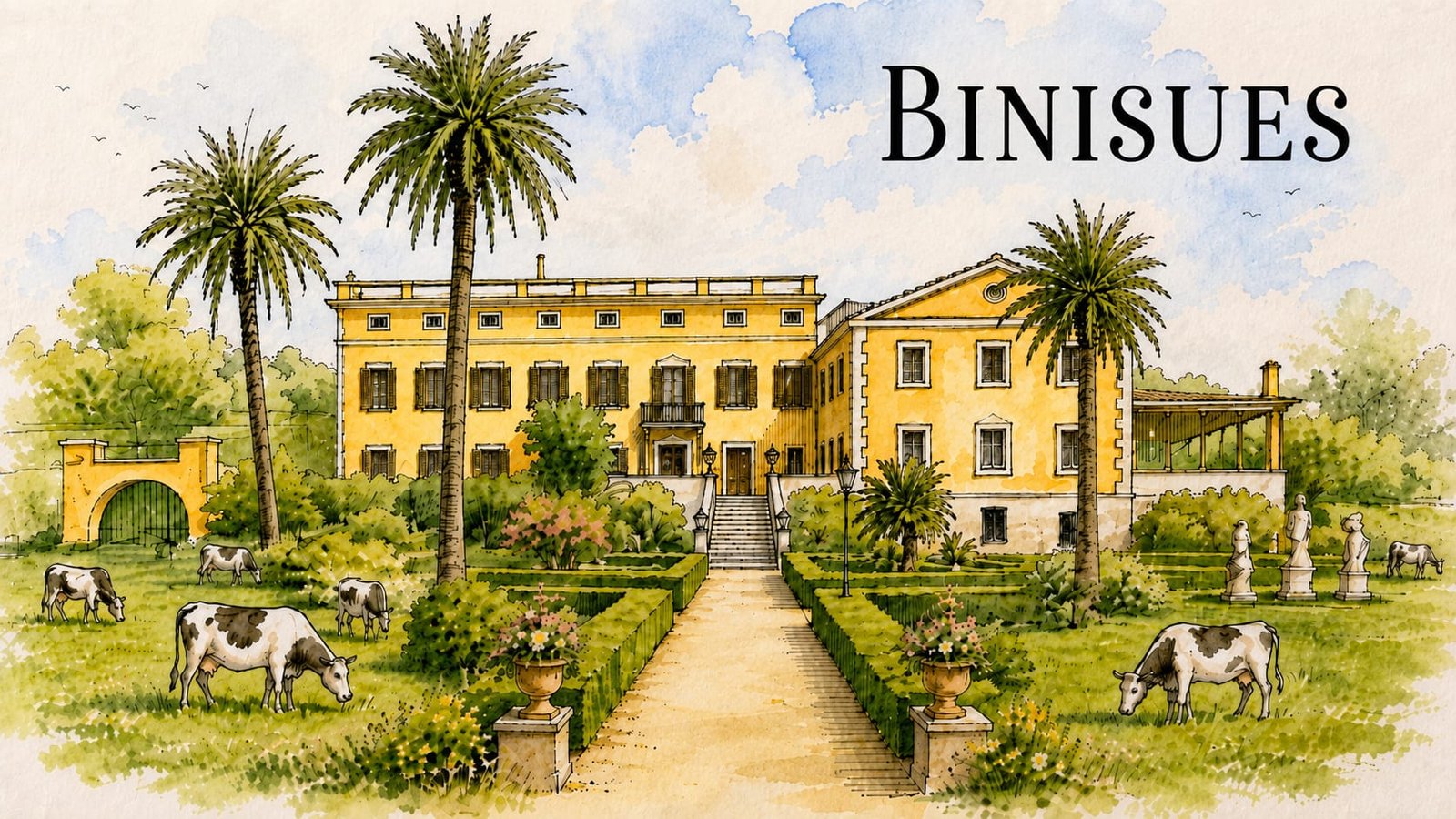 Ilustración de la casa y los jardines con la marca Binisues